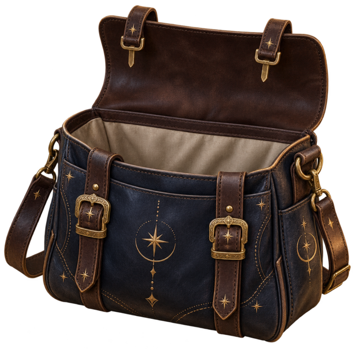 An open, empty celestial leather satchel