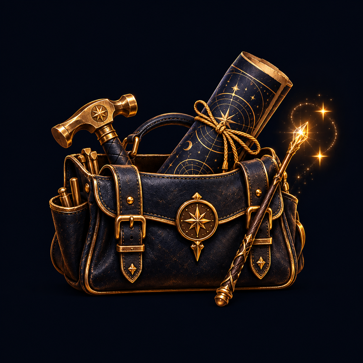 A celestial tool satchel holding a golden hammer, magical blueprints, and a sparkling wand
